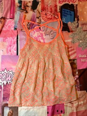 Neon Orange & Beige Geometric Strappy Babydoll Top - Princess Vera Wang